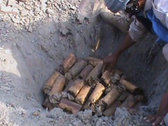 Unexploded BLU-97 submunitions collected for demolition in July 2013. Photo courtesy of the Executive Committee Office of the Houthi Administration.
